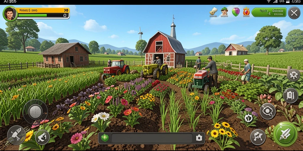 Tampilan gameplay AT866 dengan lahan pertanian yang luas dan berwarna-warni.