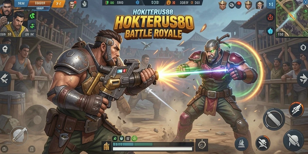 Screenshot utama HOKITERUS88 menampilkan aksi seru dalam pertempuran Battle Royale.