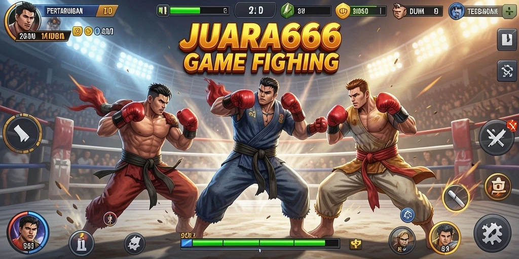 Tampilan dinamis JUARA666 dengan karakter bertarung di arena Fighting.