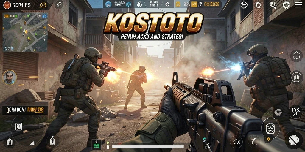 Screenshot KOSTOTO menunjukkan aksi menembak yang mendebarkan dalam mode FPS.