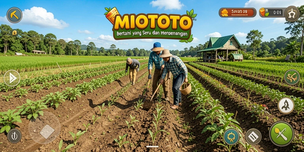 Tampilan gameplay seru MIOTOTO dengan aktivitas bertani yang menyenangkan.