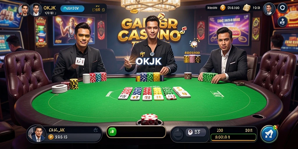 Screenshot OKJK menampilkan dealer langsung yang profesional dalam permainan Live Casino.