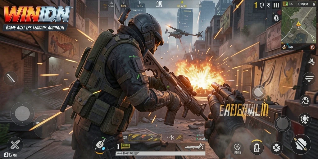 Screenshot gameplay menegangkan dari WINIDN yang menunjukkan aksi seru TPS.